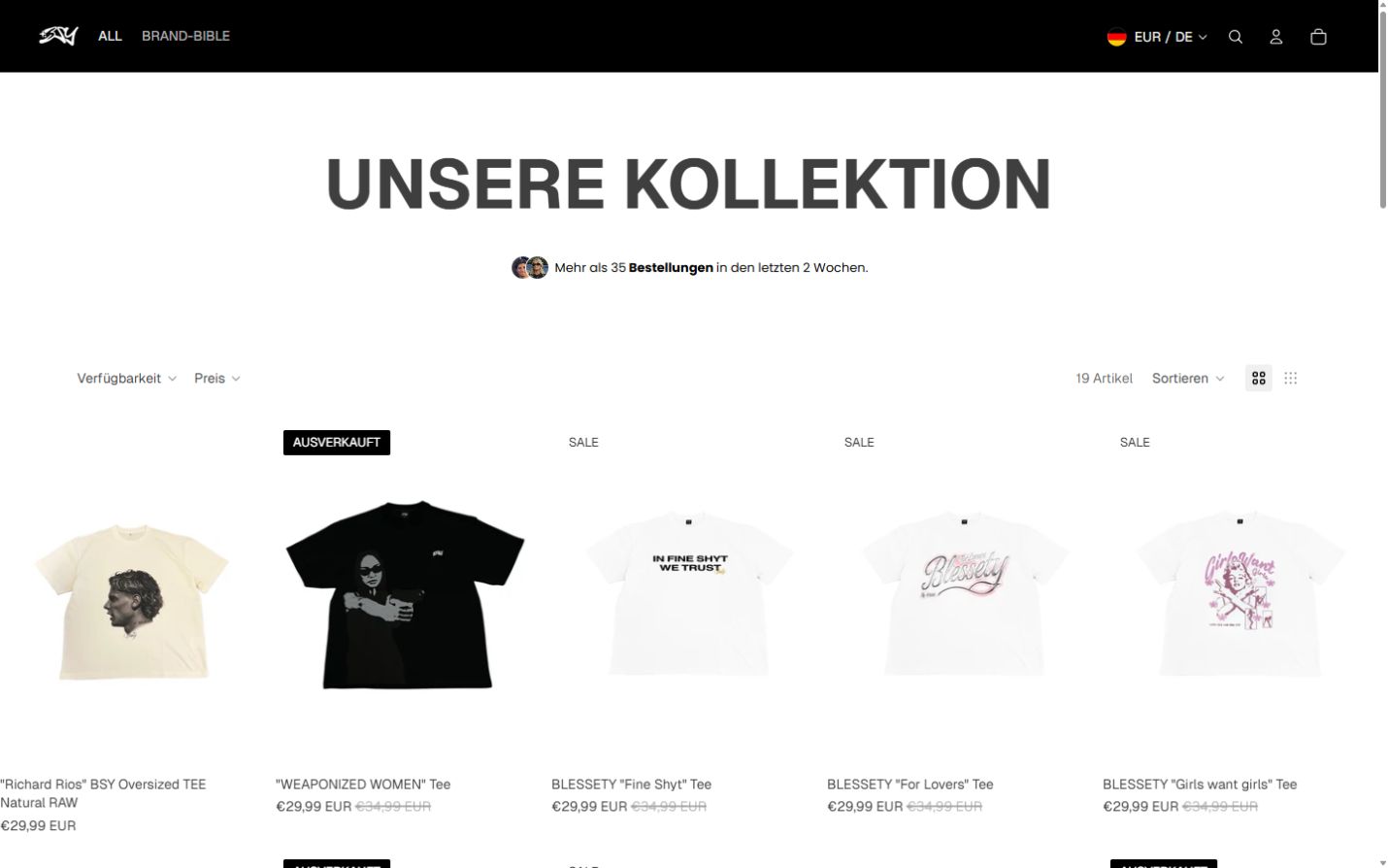 Produktübersicht im BLESSETY Shopify-Shop