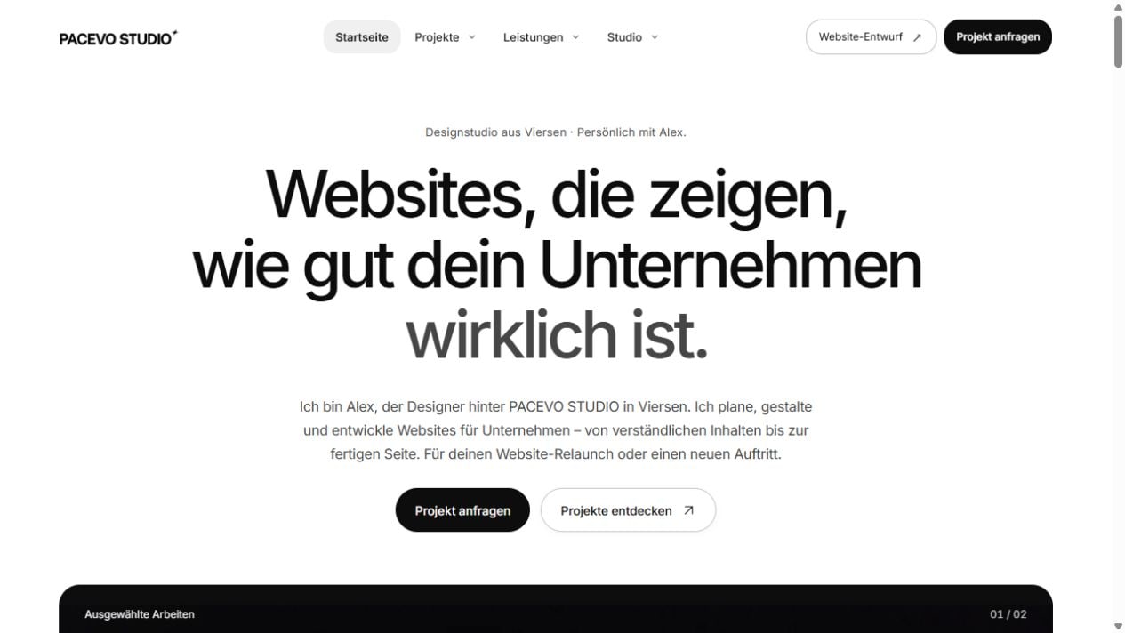 Die neue PACEVO STUDIO Startseite auf dem Desktop mit zentrierter Überschrift und zwei klar unterschiedenen Aktionen